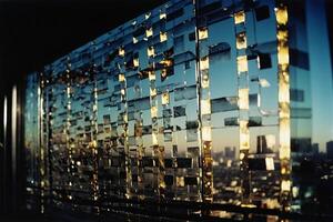 a view of the city through a window with gold squares photo