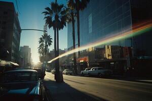 a rainbow is seen in the sky over a city street photo