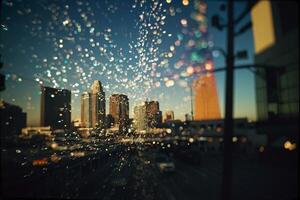 a city skyline is seen through a window with water droplets photo