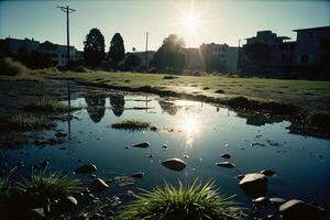 a puddle of water on the ground with grass and rocks photo