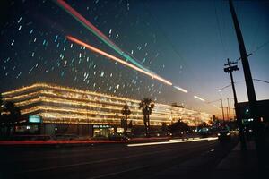 a long exposure photograph of a building with lights and streaks photo