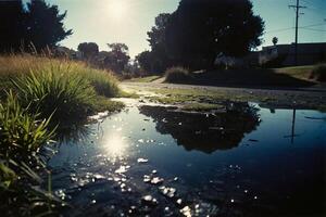 a puddle of water on the ground with grass and rocks photo
