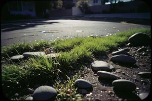 a puddle of water on the ground with grass and rocks photo