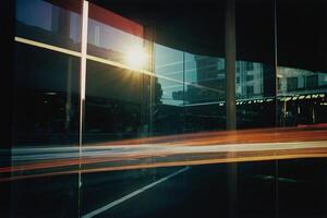 a long exposure photograph of a car driving through a city photo