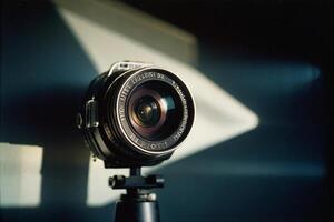 a camera on a tripod in front of a wall photo