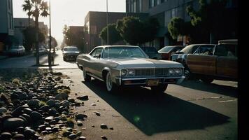 a classic car is parked on the side of the road photo