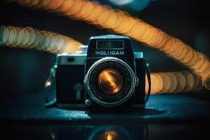 a camera is shown in front of a bokeh light photo