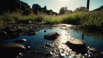 a puddle of water on the ground with grass and rocks photo