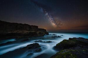 the milky way over the ocean at night photo