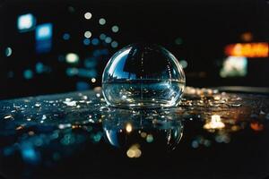 a glass ball sitting on a table with water photo