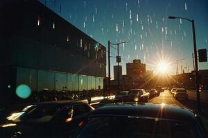 a sparkler is shining in the dark with lights in the background photo