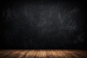 an empty room with a black wall and wooden floor photo