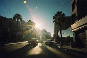 a car drives down a street at sunset photo