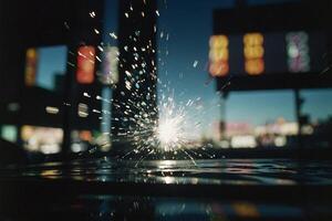 a sparkler is shining in the dark with lights in the background photo