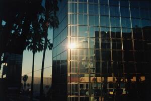 a photo of a building with windows and a city view