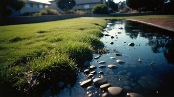 a puddle of water in a grassy field photo