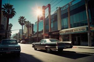 an old car is parked on a city street photo