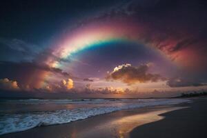a rainbow is seen over the ocean as it is reflected in the water photo
