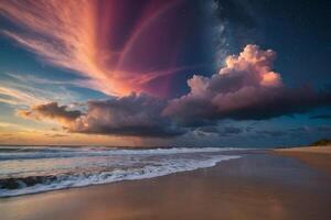 un arco iris es visto terminado el Oceano como eso es reflejado en el agua foto