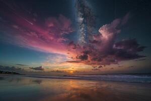 a rainbow is seen over the ocean as it is reflected in the water photo