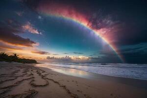 a rainbow is seen over the ocean as it is reflected in the water photo