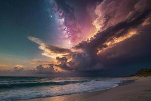 a rainbow is seen over the ocean as it is reflected in the water photo