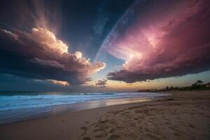 a rainbow is seen over the ocean as it is reflected in the water photo