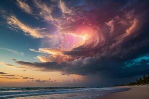 a rainbow is seen over the ocean as it is reflected in the water photo