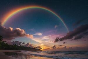 a colorful stormy sky over the ocean and sand photo