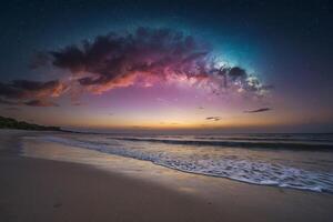 a colorful stormy sky over the ocean and sand photo