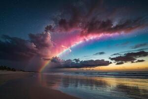 a colorful stormy sky over the ocean and sand photo
