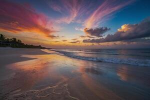 a colorful stormy sky over the ocean and sand photo