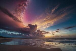 a colorful stormy sky over the ocean and sand photo