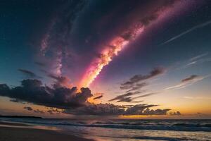 a colorful stormy sky over the ocean and sand photo