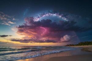 the milky way over the ocean at night photo