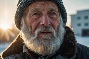 an old man with a beard and hat in the snow photo