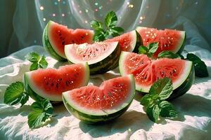 Retro shot of a watermelon on a white background in glitter photo