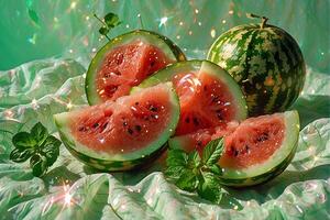 Retro shot of a watermelon on a white background in glitter photo