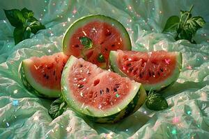 Retro shot of a watermelon on a white background in glitter photo