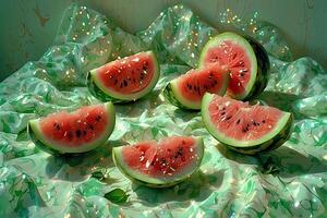 Retro shot of a watermelon on a white background in glitter photo