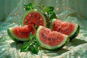 Retro shot of a watermelon on a white background in glitter photo