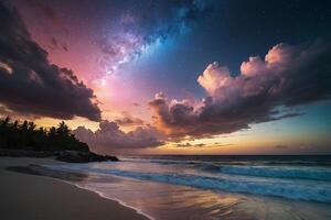 a rainbow over the ocean at night photo