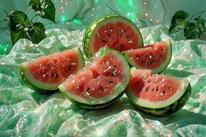 Retro shot of a watermelon on a white background in glitter photo