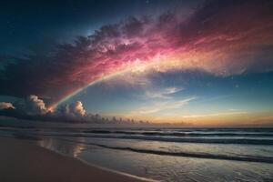 a rainbow over the ocean at night photo