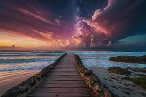 a rainbow over the ocean at night photo