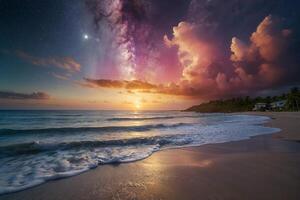 a rainbow over the ocean at night photo