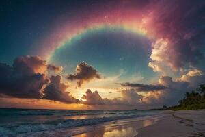 a rainbow over the ocean at night photo