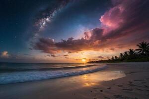 a rainbow over the ocean at night photo