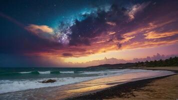 a rainbow over the ocean at night photo