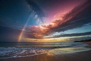 a rainbow over the ocean at night photo